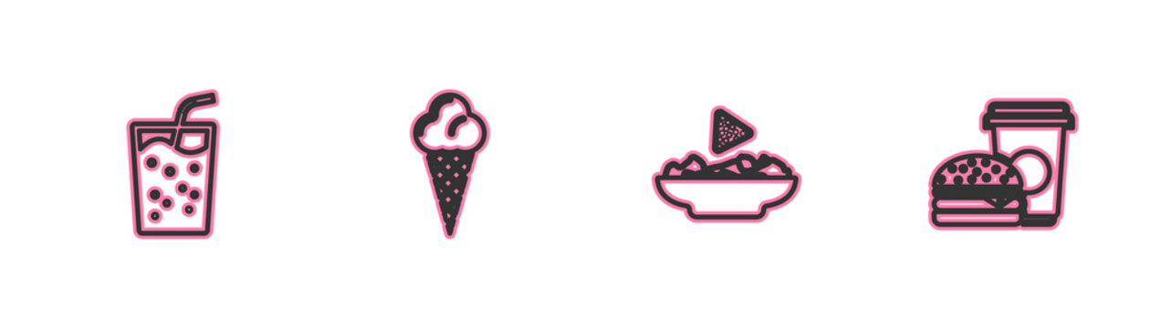 Set Line Glass With Water, Nachos In Plate, Ice Cream Waffle Cone And Coffee And Burger Icon. Vector.