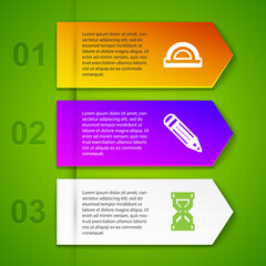 Set line Protractor grid, Pencil, Hourglass pixel and Mall supermarket building. Business infographic template. Vector.