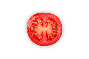 red cocktail tomato cut in a circle isolated on white background, close up