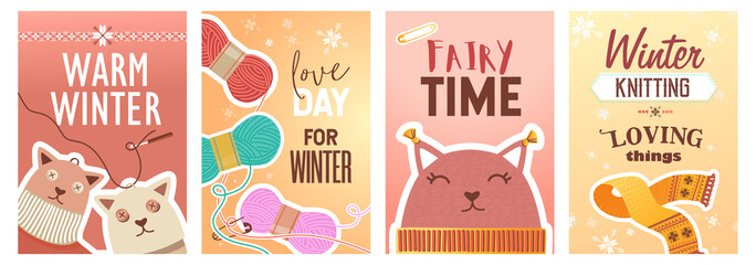 Winter knitting posters set. Pins and yarns, knitted toys and cloth vector illustrations with text. Handmade hobby concept for craft shop flyers and brochures design