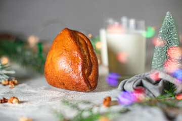 sweet dessert pastries cookies, bun or gingerbread christmas treat new year tasty serving size top view copy space food background rustic