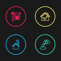 Set line House with heart shape, Man dreaming about buying house, check mark and Hanging sign Open icon. Vector.