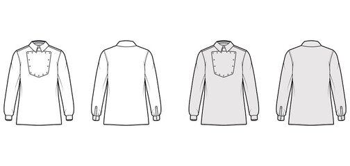 Shirt cavalry Officer technical fashion illustration with bib, long sleeves, relax fit, classic collar. Flat wild west style template front, back white grey color. Women men top CAD mockup