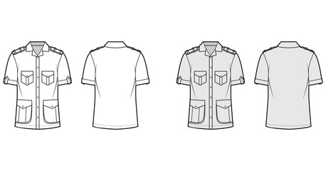 Shirt safari technical fashion illustration with short sleeves, flaps pockets, relax fit, button-down, epaulettes, open collar. Flat template front, back white grey color. Women men top CAD mockup © Vectoressa