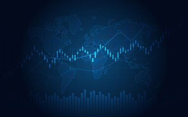 Financial chart with moving up graph and world map in stock market on blue color background