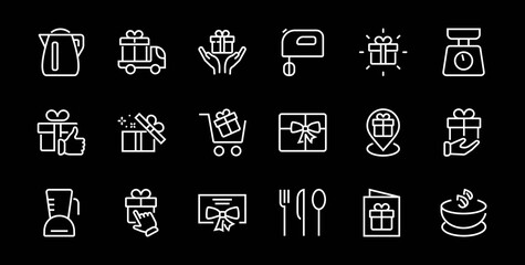 Gifts Linear Icons Set contains Gift Box, Gift Buying, Gift Delivery, Gift Geolocation mobile application, Gift notification, SMS. Editable Barcode, Vectar Icons