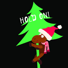 Hold on and keep going card, wish, encouragement, digital christmas card vector with funny moose in a red santa hat vector, hanging on to a christmas tree vector, free font