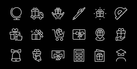 Gifts Linear Icons Set contains Gift Box, Gift Buying, Gift Delivery, Gift Geolocation mobile application, Gift notification, SMS. Editable Barcode, Vectar Icons