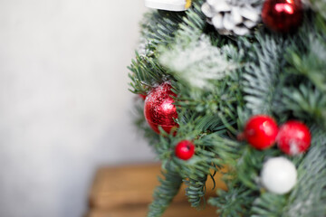 Fototapeta na wymiar christmas tree and decorations on a white background. Nobilis spruce 