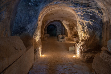 Interior of the Cave of the Coffins at Bet She'arim in Kiryat Tivon Israel. Catacombs with srcophagi.