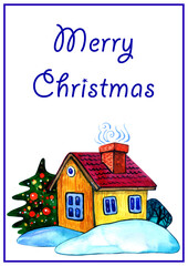 Fototapeta na wymiar Merry Christmas - greeting card template with watercolor cozy landscape with a house and decorated chritmas tree. A4 template design.