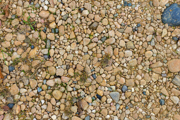 Natural river stony bottom, shallow riverbed during autumn weather on a Sunny day in a mountainous area.