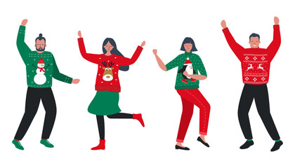 Ugly Christmas Sweater Party. Young people in red and green Christmas sweaters with deer, snowman, penguin are dance. Vector illustration.