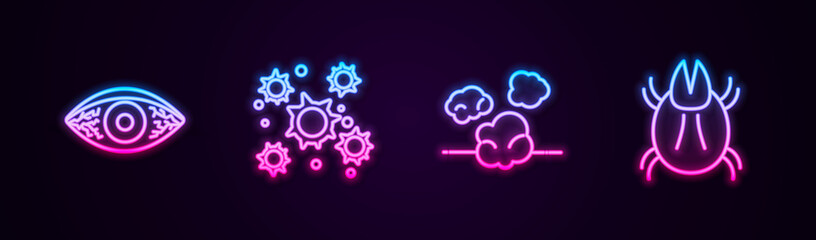 Set line Reddish eye allergic conjunctivitis, Bacteria, Dust and Parasite mite. Glowing neon icon. Vector.