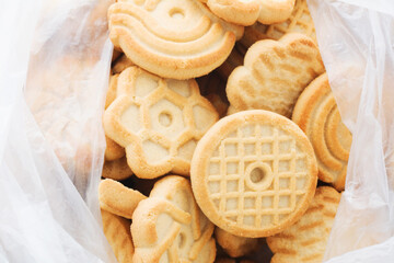 Cookie in plastic wrap packaging. Shortbread package.