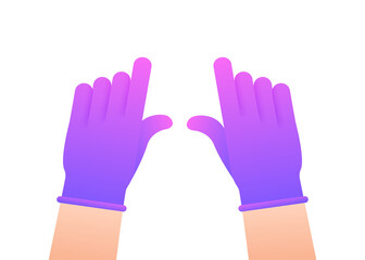 Obraz premium Hands putting on protective pinc gloves. Latex gloves. Vector stock illustration.