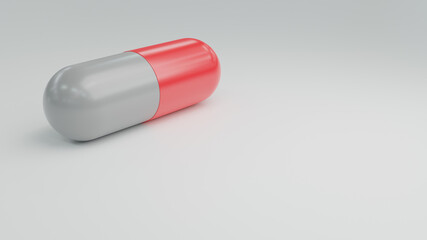 red and white antibiotic medicine pill capsules on table for care health. 3D render Illustration