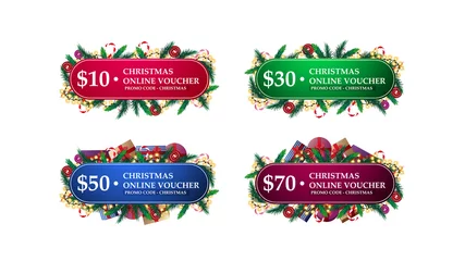 Foto op Plexiglas Large set of Christmas gift vouchers decorated with Christmas tree branches, candy and garland. Collection of Christmas gift vouchers isolated on white © DDevicee