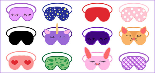 Sleep masks icon set in flat style. Eye protection wear accessory collection. Cartoon relaxation blindfolds vector illustration isolated on white background