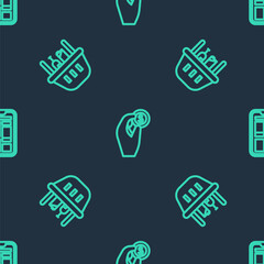 Set line Hand holding coin money, Shopping basket food and Online shopping phone on seamless pattern. Vector.