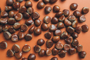 top view of chestnut on orange background