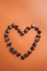 top view of chestnut in shape of heart on orange background