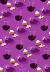 Pattern of glasses of wine and brie cheeses