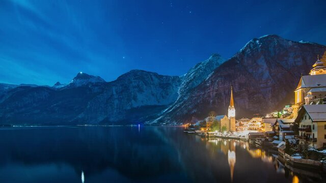Time Lapse of Winter view Of Hallstatt village, Austria