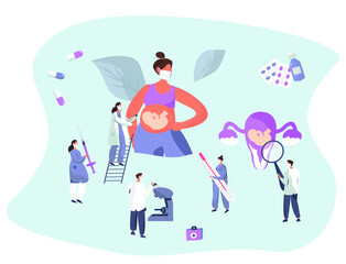 Gynecologist doing Medical Examination of Pregnant with Stethoscope.Gynecology Obstetrics Clinic.Pregnant Visiting Gynecologist.Female Consultation.Artificial Insemination.Flat Vector Illustration