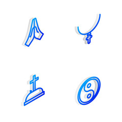 Set Isometric line Christian cross on chain, Hands praying position, Tombstone with and Yin Yang icon. Vector.