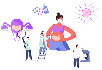 Gynecologist doing Medical Examination of Pregnant with Stethoscope.Gynecology Clinic.Pregnant Visiting Gynecologist.Huge Uterus.Female Consultation.Artificial Insemination.Flat Vector Illustration