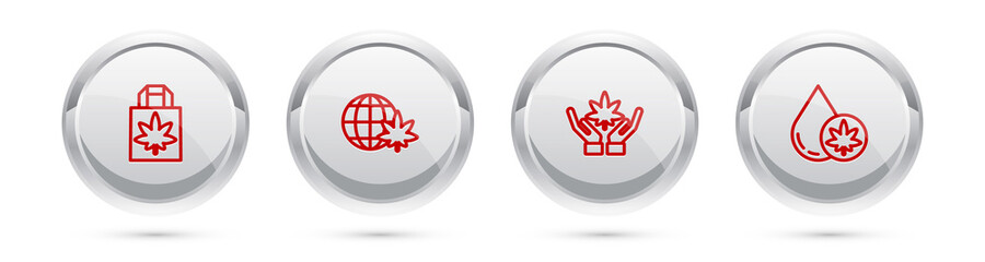 Set line Shopping paper bag of marijuana, Legalize globe, Marijuana or cannabis leaf and olive oil. Silver circle button. Vector.