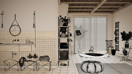 Empty white interior with parquet floor, custom architecture design project, black ink sketch, blueprint showing cosy wooden peaceful bathroom, bathtub, sink, mirror, interior design