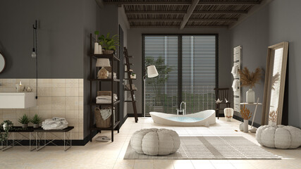 Cosy wooden peaceful bathroom in dark tones, big bathtub, ceramic tiles floor, carpet, round poufs, shelves, mirror and window with blinds, spa, hotel suite, modern interior design