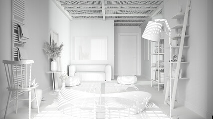 Total white project, cosy peaceful bathroom, big bathtub, ceramic tiles floor, carpet, round poufs, shelves and lamps, mirror and soft sofa, spa, hotel suite, modern interior design