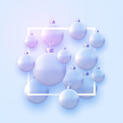 Matt light blue christmas balls hanging on threads.