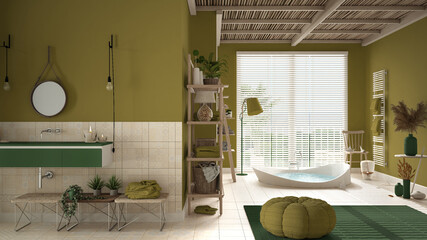 Cosy wooden peaceful bathroom in green tones, big bathtub, ceramic tiles floor, sink with mirror, carpet, pouf, shelves, window with blinds, spa, hotel suite, modern interior design
