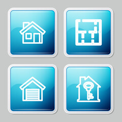 Set line House, plan, Garage and with key icon. Vector.