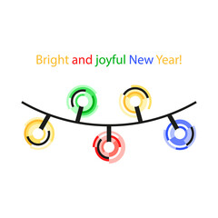 Merry Christmas and Happy New Year! Greeting card in minimal geometric design with colorful Christmas tree lights on white background. 