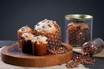 .Delicious homemade panettone with natural fermentation. Chocolate and hazelnut filling.Copy space