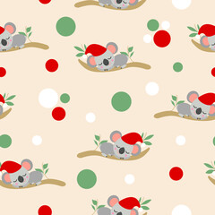 Seamless pattern with koala babies in red Christmas hats sleeping on eucalyptus branches. Set Sail Champagne background. White, red and green confetti. Post cards, textile, wallpaper, wrapping paper