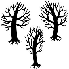 Fototapeta premium Black silhouette of winter trees without foliage - three trees isolated in white background, with branches and roots. Outline flat design. Digital illustration made after hand drawn sketch.