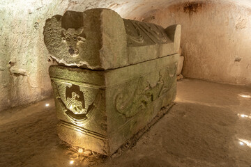 Interior of the Cave of the Coffins at Bet She'arim in Kiryat Tivon Israel. Catacombs with...