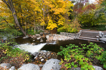 Lithia park in fall. Stair case leading to a water stream. Golden foliage on the trees. Ashland,...