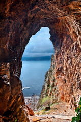 View to Megali Prespa lake from the cave - hermitage and the church of Panagia Eleousa, Florina, Macedonia, Greece.