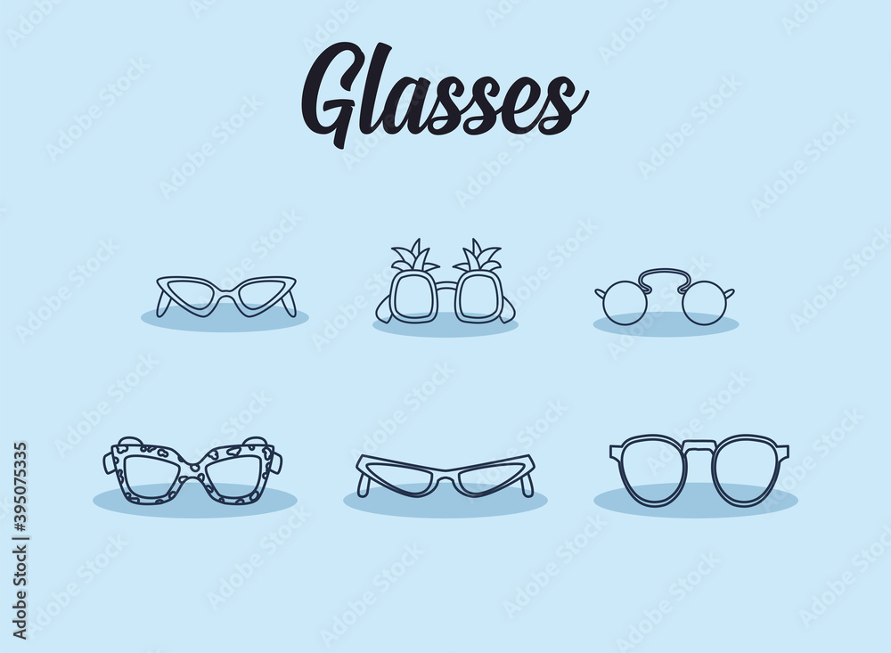 Sticker set of glasses icons, line style on white background