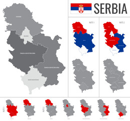Detailed vector map of Serbia regions with country flag
