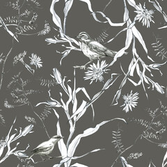 Illustration, pencil. A pattern of leaves and branches of plants, birds. Freehand drawing of flowers on a gray background.