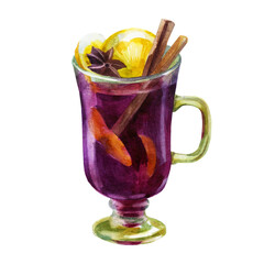 Watercolor illustration, mulled wine. Watercolor drawing. Red wine cocktail, hot drink.