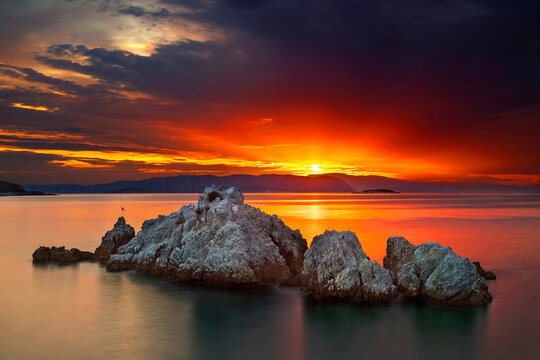 SKOPELOS ISLAND, NORTHERN SPORADES, GREECE. Sunset at Milia beach.